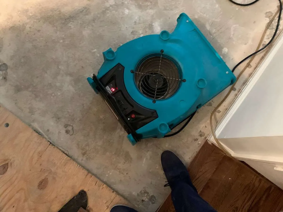Air mover drying subfloor during Leak Detection & Repair in Arlington